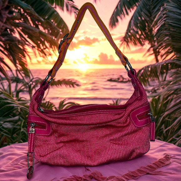 The SAK Pink Knit and Orange Strap 13" Shoulder Hobo Bag Y2K - Picture 1 of 11